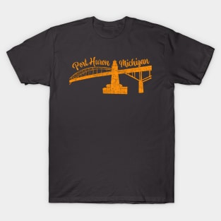 Orange Port Huron Distressed Lighthouse Bridge Scene T-Shirt